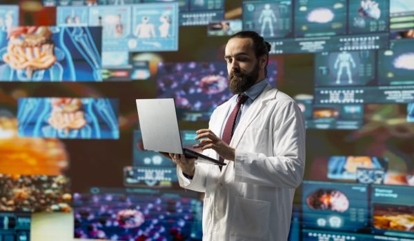 General practitioner leverages digital tools for better diagnostics and patient analysis, reflecting the future of medicine through technology and scientific advancement. Health innovation.