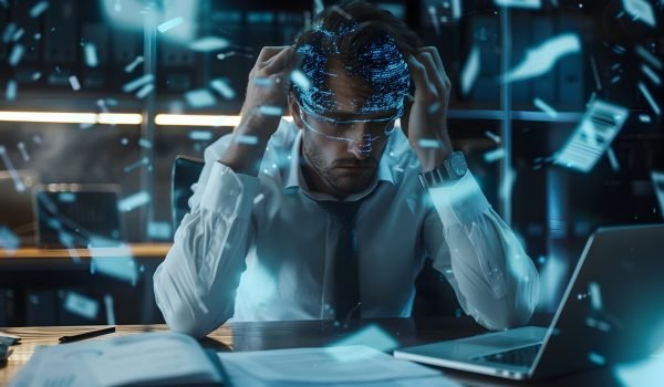 Futuristic businessman looking anxious and concerned while viewing a holographic bankruptcy notice or financial warning displayed in his high-tech,digital workspace. Concept of technology,business.